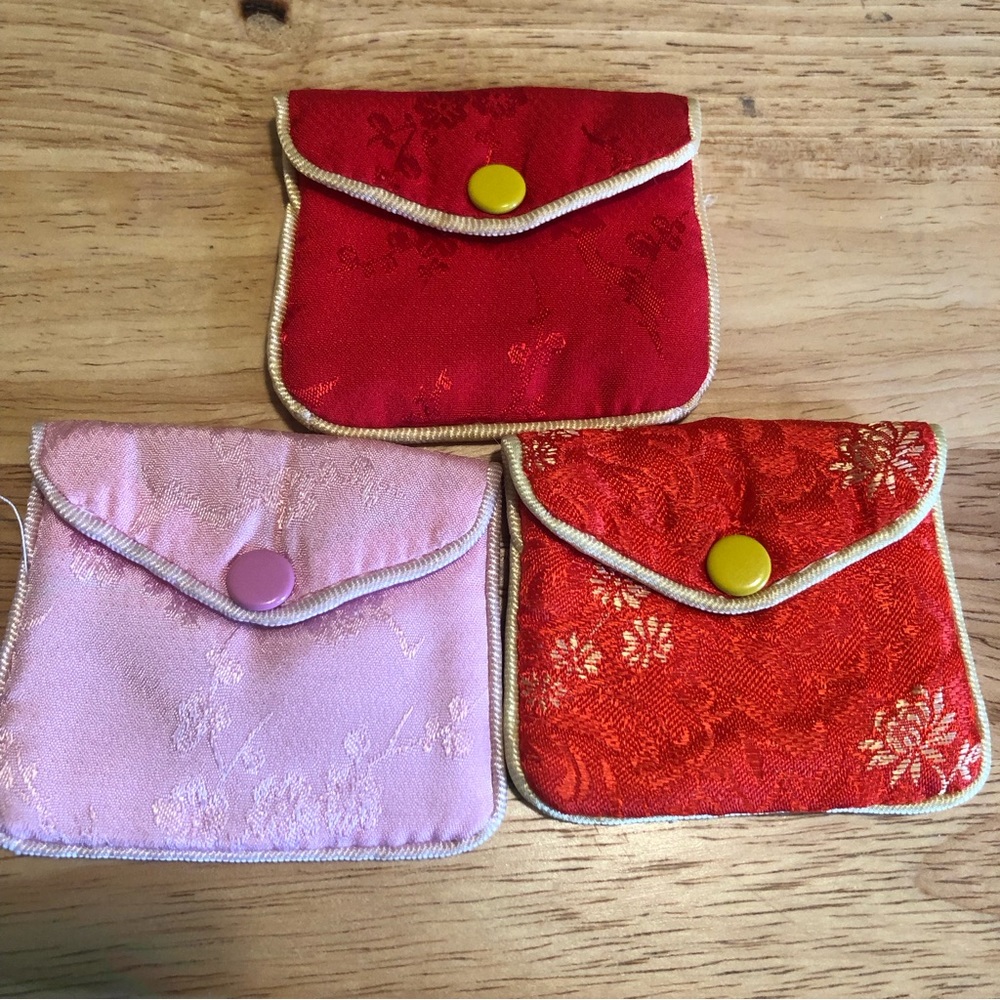 3 little Asian Chinese silk gift jewelry pouch bags pink red